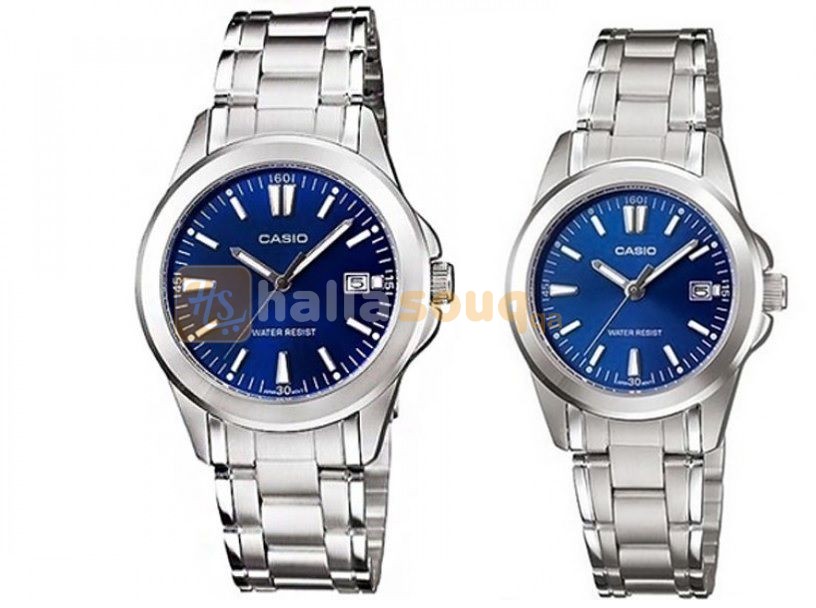 Casio His & Her Blue Dial Stainless Steel Band Couple Watch [MTP/LTP-1215A-2A2]